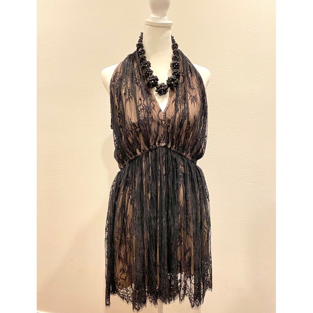 PLENTY by Tracy Reese baby doll halter dress, black lace over nude/SIZE L/NWT